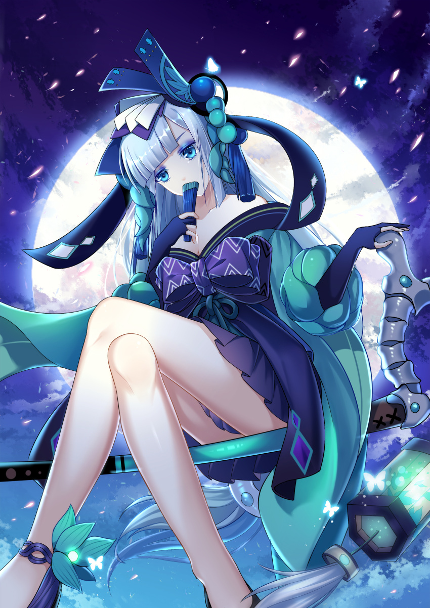 1girl absurdres backlighting bare_shoulders black_gloves blue_eyes bow collarbone covering_mouth crossed_legs dress elbow_gloves eyeshadow fan folding_fan full_moon gloves glowing_butterfly heishan highres hime_cut long_hair looking_at_viewer makeup moon off-shoulder_dress off_shoulder onmyoji outdoors partly_fingerless_gloves puffy_sleeves purple_bow silver_hair sitting solo very_long_hair