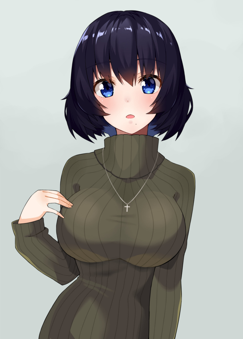 1girl bangs black_hair blue_eyes blush breasts character_request cross cross_necklace gomashi_(goma) highres jewelry large_breasts looking_at_viewer mole mole_under_mouth necklace original ribbed_sweater short_hair simple_background solo sweater