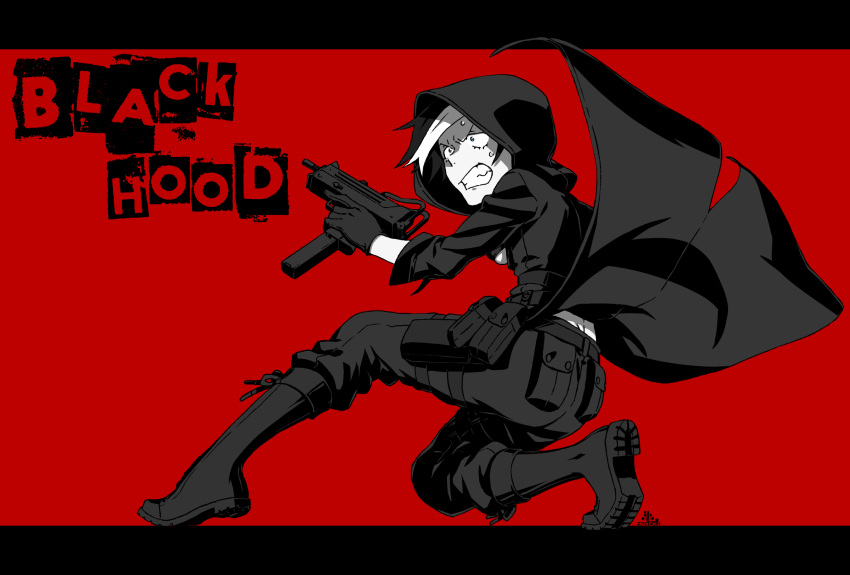 1girl ass black_hair black_hood blue_eyes boots character_name clenched_teeth constricted_pupils fatigues gun highres holster hood hood_up imi_uzi kamezaemon multicolored_hair original pouch red_background short_hair solo submachine_gun sweat teeth thigh_holster two-tone_hair weapon white_hair