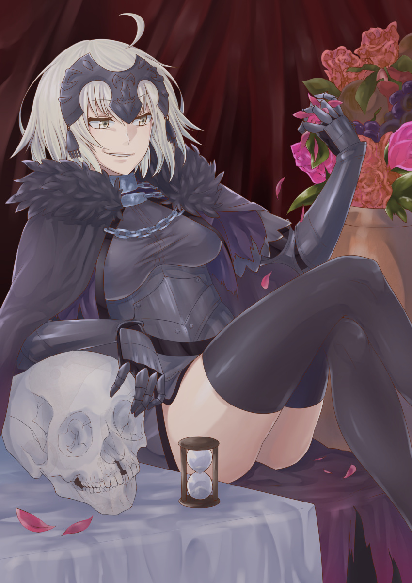 1girl absurdres ahoge armor blonde_hair breasts cape fate/grand_order fate_(series) flower fur-trimmed_cape highres hourglass jeanne_alter large_breasts petals ruler_(fate/apocrypha) short_hair skull smirk sneer solo thigh-highs thighs weaponman yellow_eyes
