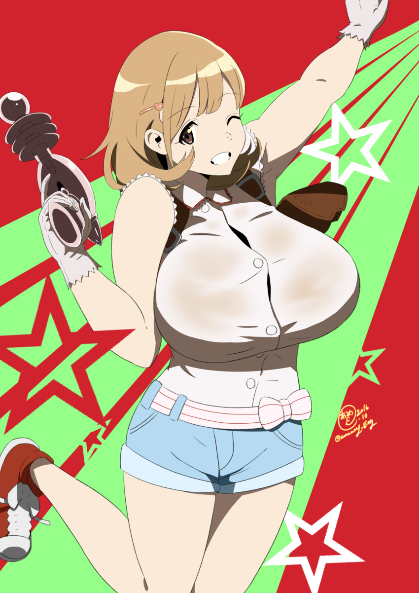 1girl arm_up artist_name bare_shoulders breasts brown_eyes brown_hair dated denim energy_gun gloves grin hair_ornament hairclip highres huge_breasts k.ty_(amejin) leg_lift narusawa_ryouka occultic;nine one_eye_closed ray_gun short_hair short_shorts shorts signature smile solo thighs weapon white_gloves