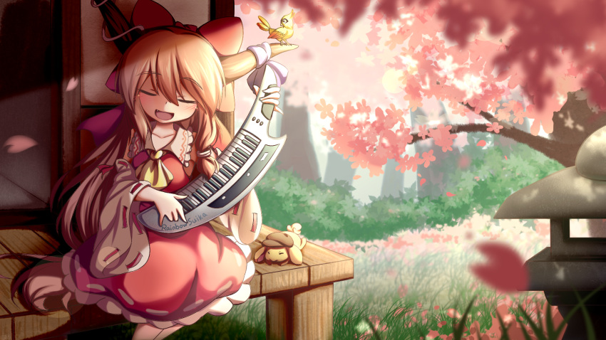 1girl architecture ascot bird bow bush cherry_blossoms closed_eyes commentary_request detached_sleeves dior-zi dress east_asian_architecture eyebrows eyebrows_visible_through_hair fang flat_cap frilled_shirt_collar frilled_skirt frills grass hair_between_eyes hair_bow hakurei_reimu hakurei_reimu_(cosplay) hat highres horn_ornament horns ibuki_suika instrument instrument_request keyboard_(instrument) long_hair nontraditional_miko open_mouth orange_hair petals porch rabbit red_bow red_dress ribbon-trimmed_skirt ribbon-trimmed_sleeves ribbon_trim ringo_(touhou)_(bunny) sidelocks sitting skirt smile stone_lantern sunlight touhou tree very_long_hair wide_sleeves