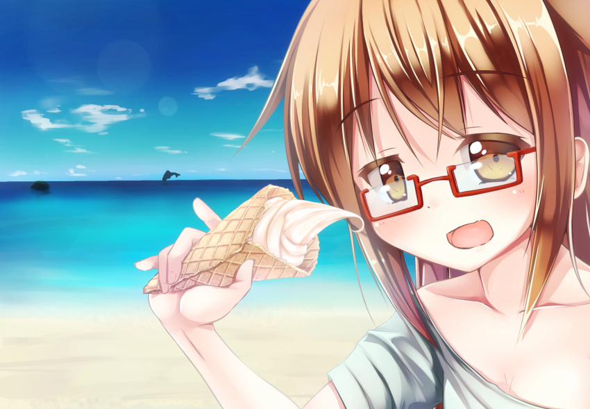 1girl :d alternate_costume beach blue_sky blush brown_hair close-up clouds collarbone face food glasses highres ice_cream ice_cream_cone kantai_collection long_hair looking_at_viewer mochizuki_(kantai_collection) ocean open_mouth red-framed_eyewear sand semi-rimless_glasses shirt short_sleeves sky smile solo under-rim_glasses water yuki_kawachi