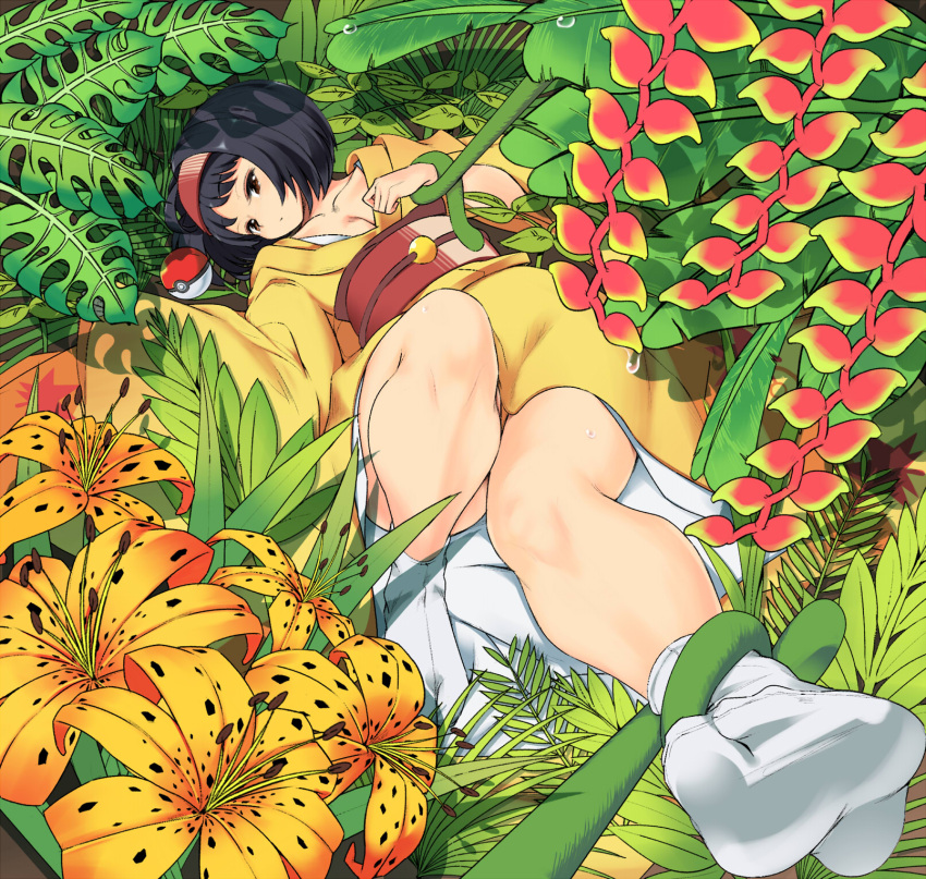 1girl black_hair bound bound_ankles bound_wrists breasts brown_eyes cleavage collarbone erika_(pokemon) feet floral_print flower gym_leader hairband highres japanese_clothes kimono leaf legs long_sleeves looking_at_viewer lying on_back plant poke_ball pokemon pokemon_(game) pokemon_hgss short_hair socks solo sweat tabi tm_(hanamakisan) vines wide_sleeves