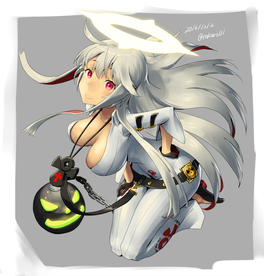 1girl ankh belt black_gloves blonde_hair breasts dated gloves grey_background guilty_gear guilty_gear_xrd halo hand_on_hip highres jack-o'-lantern jack-o_(guilty_gear) jewelry long_hair looking_at_viewer medium_breasts necklace red_eyes redhead smile solo thighs twitter_username zaki_(narashigeo)