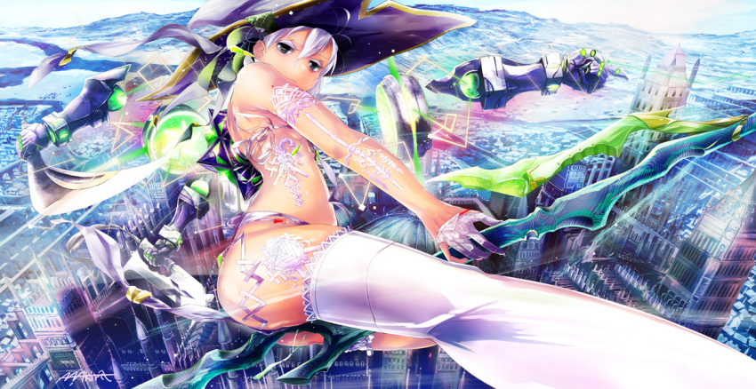 1girl blue_eyes city floating_hand flying foreshortening garter_straps gauntlets gloves hat jitome lingerie makeup mashiro_akira silver_hair single_thighhigh solo thigh-highs tower underwear witch witch_hat