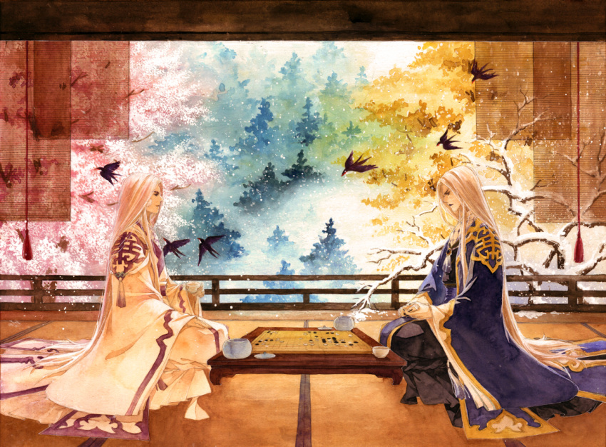 2boys bare_tree bird board_game chinese_clothes eye_contact go heting long_hair looking_at_another male_focus multiple_boys pili_budaixi profile robe sitting tagme traditional_media tree watercolor_(medium) white_hair