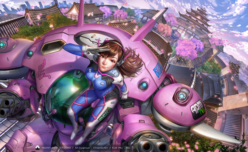 1boy 2016 2girls architecture arm_cannon artist_name asymmetrical_clothes bangs blizzard_(company) bodysuit boots bow_(weapon) bracer breasts brown_eyes brown_hair building bunny_print character_name cherry_blossoms closed_mouth clouds cloudy_sky d.va_(overwatch) dated dutch_angle east_asian_architecture emblem eyelashes facepaint facial_mark from_above full_body gatling_gun gloves gun hair_ribbon hand_up hanzo_(overwatch) headphones highres holding holding_weapon japanese_clothes lips logo long_hair long_sleeves looking_at_viewer mecha medium_breasts meka_(overwatch) midair mountain multiple_girls nutthapon_petchthai outdoors overwatch pauldrons petals pharah_(overwatch) pilot_suit pink_lips ponytail ribbed_bodysuit ribbon rooftop salute sash scenery shoulder_pads signature skin_tight sky smile thigh-highs thigh_boots thigh_strap tree turtleneck weapon whisker_markings white_boots white_gloves yellow_ribbon