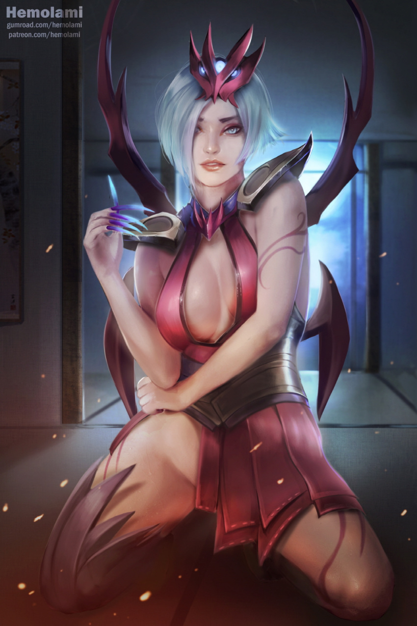 1girl alternate_costume alternate_hairstyle aqua_hair arm_tattoo armor artist_name bare_shoulders blood_moon_elise blue_eyes blue_hair breasts breasts_apart cleavage corset dress elise_(league_of_legends) fingernails groin hair_ornament hair_over_one_eye hand_up hemolami highres indoors insect_girl kneeling large_breasts league_of_legends leg_tattoo lipstick long_fingernails looking_at_viewer makeup mascara mask mask_on_head monster_girl nail_polish no_panties nose parted_lips pink_lips pink_lipstick purple_nails red_clothes sharp_fingernails short_dress short_hair shoulder_armor silver_hair single_thighhigh skirt sleeveless sleeveless_dress solo spider_girl tattoo teeth thigh-highs very_long_fingernails