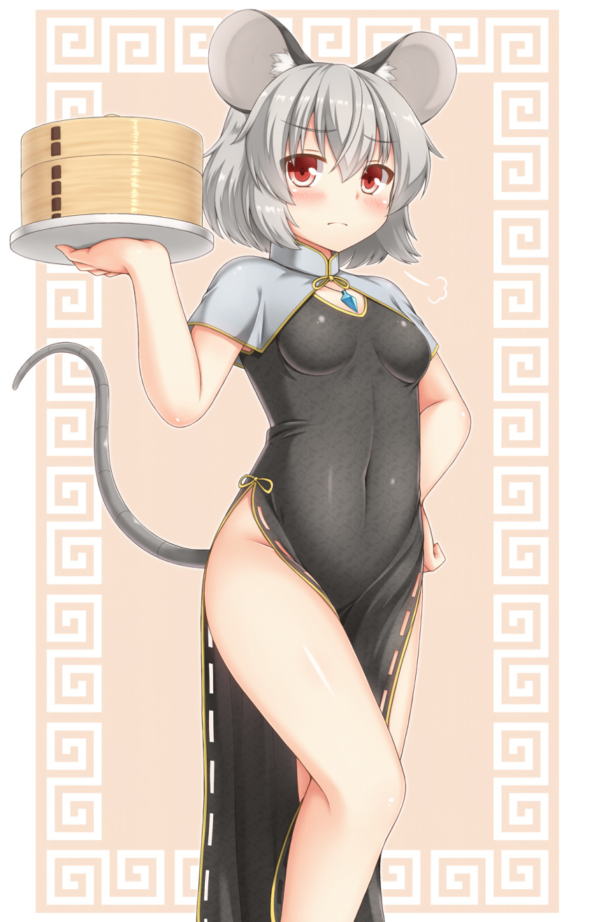 1girl adapted_costume animal_ears bare_legs blush breasts capelet china_dress chinese_clothes covered_navel dress grey_hair highres jewelry legs looking_at_viewer mouse_ears mouse_tail nazrin necklace no_panties pelvic_curtain red_eyes short_hair sleeveless small_breasts solo tail touhou yuu_(yu0221f)