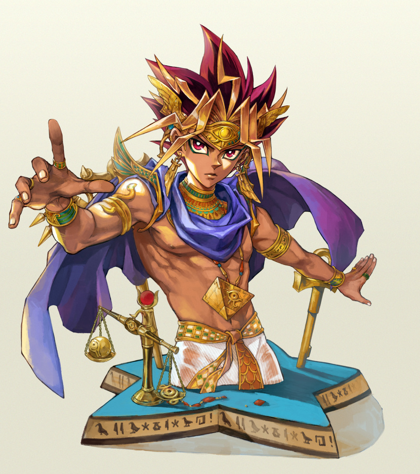 1boy abs armlet atem bare_chest black_hair blonde_hair broken cape circlet earrings egyptian highres jewelry male_focus millennium_eye millennium_key millennium_puzzle millennium_ring millennium_rod millennium_scale multicolored_hair necklace red_eyes redhead ring seyo solo star upper_body wrist_cuffs yuu-gi-ou yuu-gi-ou_duel_monsters