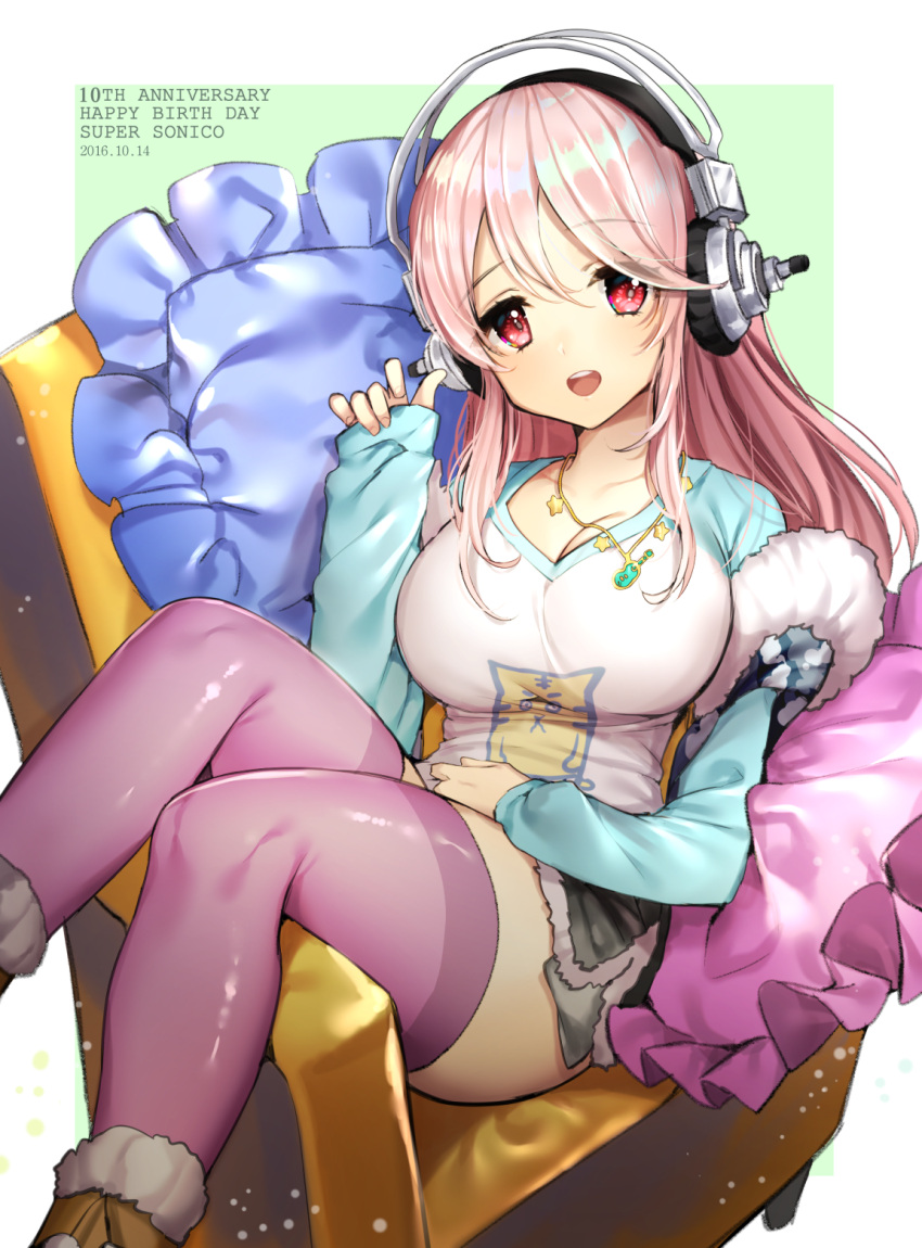 1girl bangs blush boots breasts character_name commentary_request dated fur_trim gabe_(seelunto) happy_birthday headphones highres large_breasts long_hair long_sleeves looking_at_viewer nitroplus open_mouth pink_hair pink_legwear raglan_sleeves red_eyes sitting sleeves_past_wrists smile solo super_sonico thigh-highs