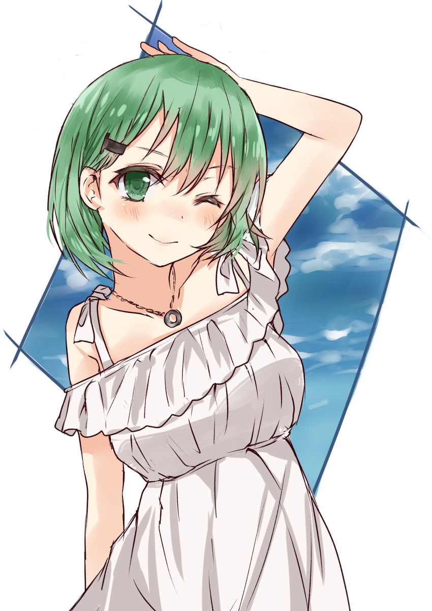 1girl absurdres alternate_costume alternate_hairstyle arm_behind_back arm_behind_head arm_up armpits bare_shoulders breasts commentary_request dress eyebrows green_eyes green_hair hair_ornament hairclip highres hoshimiya_nazuna jewelry kantai_collection looking_at_viewer necklace one_eye_closed short_hair smile solo suzuya_(kantai_collection) upper_body white_dress
