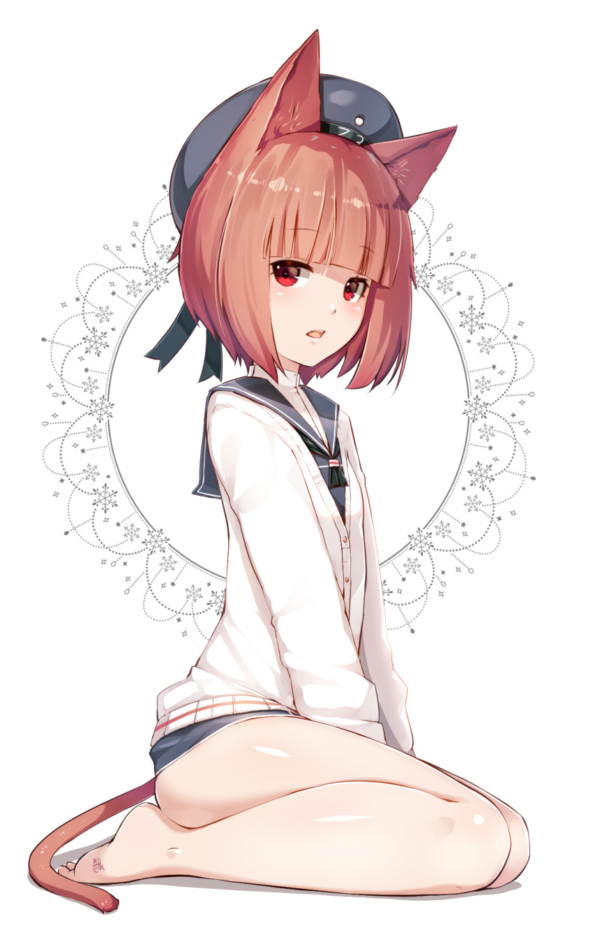 1girl animal_ears bare_legs beret black_hat blush cardigan clothes_writing eyebrows eyebrows_visible_through_hair flat_chest hat highres kantai_collection light_brown_hair looking_at_viewer meth_(emethmeth) open_mouth red_eyes sailor_collar seiza shiny shiny_skin short_hair signature sitting solo tail z3_max_schultz_(kantai_collection)