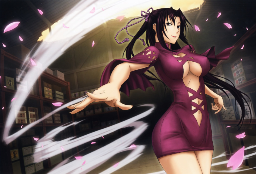 1girl absurdres black_eyes black_hair breasts center_opening cherry_blossoms closed_mouth covered_nipples cowboy_shot dress foreshortening hair_intakes half_updo highres indoors kazehana large_breasts lipstick long_hair looking_at_viewer makeup midriff navel official_art petals purple_dress red_lipstick rope scan sekirei short_dress smile solo sunlight under_boob whirlwind wind