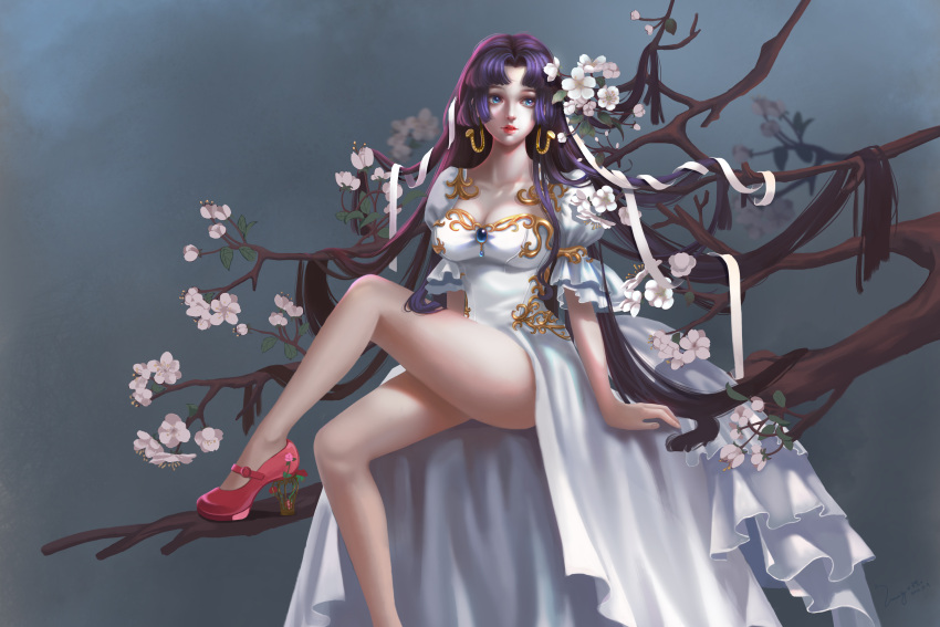 1girl 2016 absurdres arm_support arms_at_sides artist_name bangs blue_eyes boa_hancock branch breasts brooch cherry_blossoms cleavage collarbone crossed_legs dated dress frilled_sleeves frills gem high_heels highres jewelry knee_up large_breasts leg_up legs lipstick long_hair makeup one_piece parted_bangs parted_lips pink_lips pink_lipstick puffy_short_sleeves puffy_sleeves purple_hair red_shoes shichibukai shoes short_sleeves showgirl_skirt signature sitting solo tree_branch very_long_hair white_dress