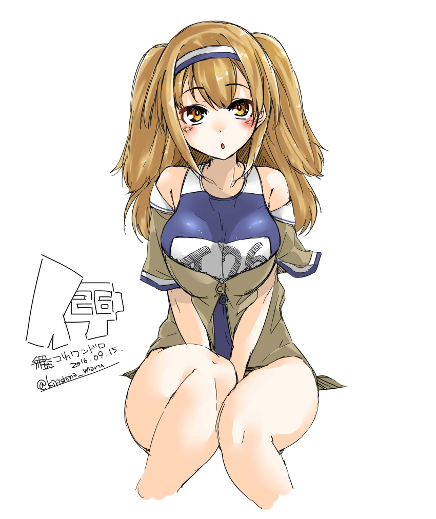 1girl absurdres blush breasts flower hairband highres i-26_(kantai_collection) kantai_collection kirishina_(raindrop-050928) large_breasts light_brown_eyes light_brown_hair long_hair looking_at_viewer new_school_swimsuit off_shoulder open_mouth sailor_collar school_swimsuit short_sleeves sketch solo swimsuit swimsuit_under_clothes two-tone_hairband two_side_up