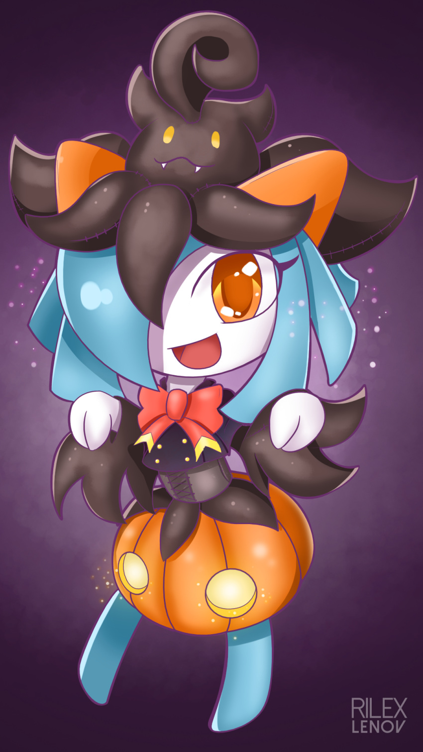 :d alternate_color artist_name borrowed_character bow bowtie closed_mouth clothed_pokemon corset creature_on_head fangs full_body glowing gradient gradient_background halloween highres kirlia long_sleeves looking_at_viewer no_humans open_mouth orange_eyes pokemon pokemon_(creature) pumpkaboo red_bow red_bowtie rilex_lenov serene_(mark_folks) shiny_pokemon smile standing teeth yellow_eyes