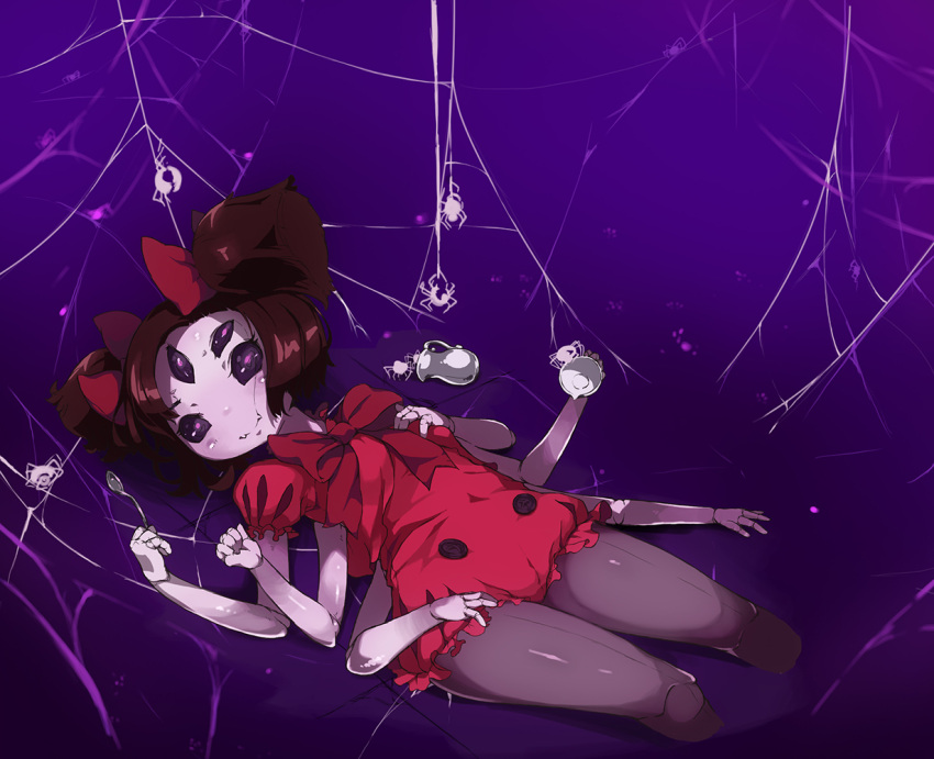 1girl black_hair black_legwear dress extra_arms extra_eyes fangs insect_girl lying monster_girl muffet on_back pantyhose purple_skin ribbon short_hair shorts silk smile solo spider spider_girl spider_web twintails undertale violet_eyes visark