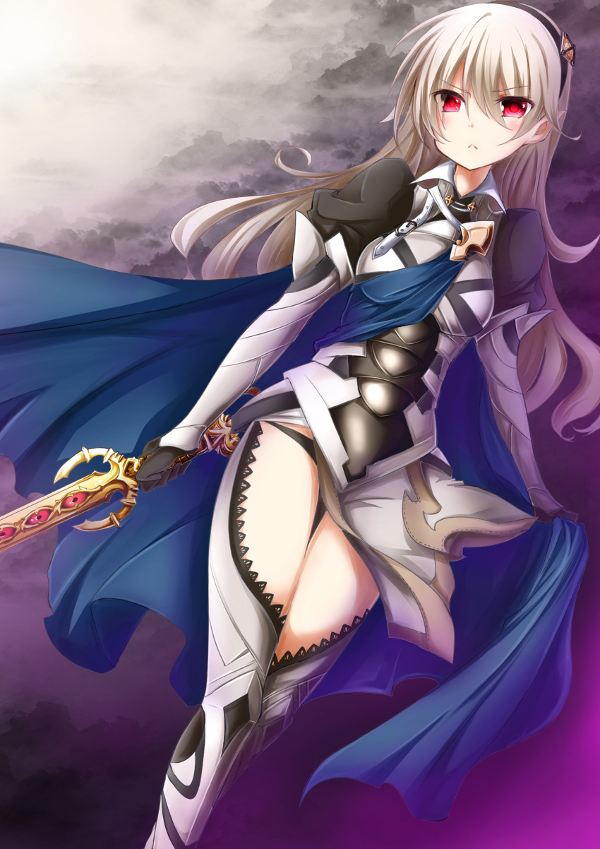 1girl absurdres armor black_hairband black_panties cape eyebrows eyebrows_visible_through_hair female_my_unit_(fire_emblem_if) fire_emblem fire_emblem_if hair_between_eyes hairband highres holding holding_sword holding_weapon long_hair looking_at_viewer my_unit_(fire_emblem_if) panties red_eyes silver_hair solo sword underwear weapon zero-theme