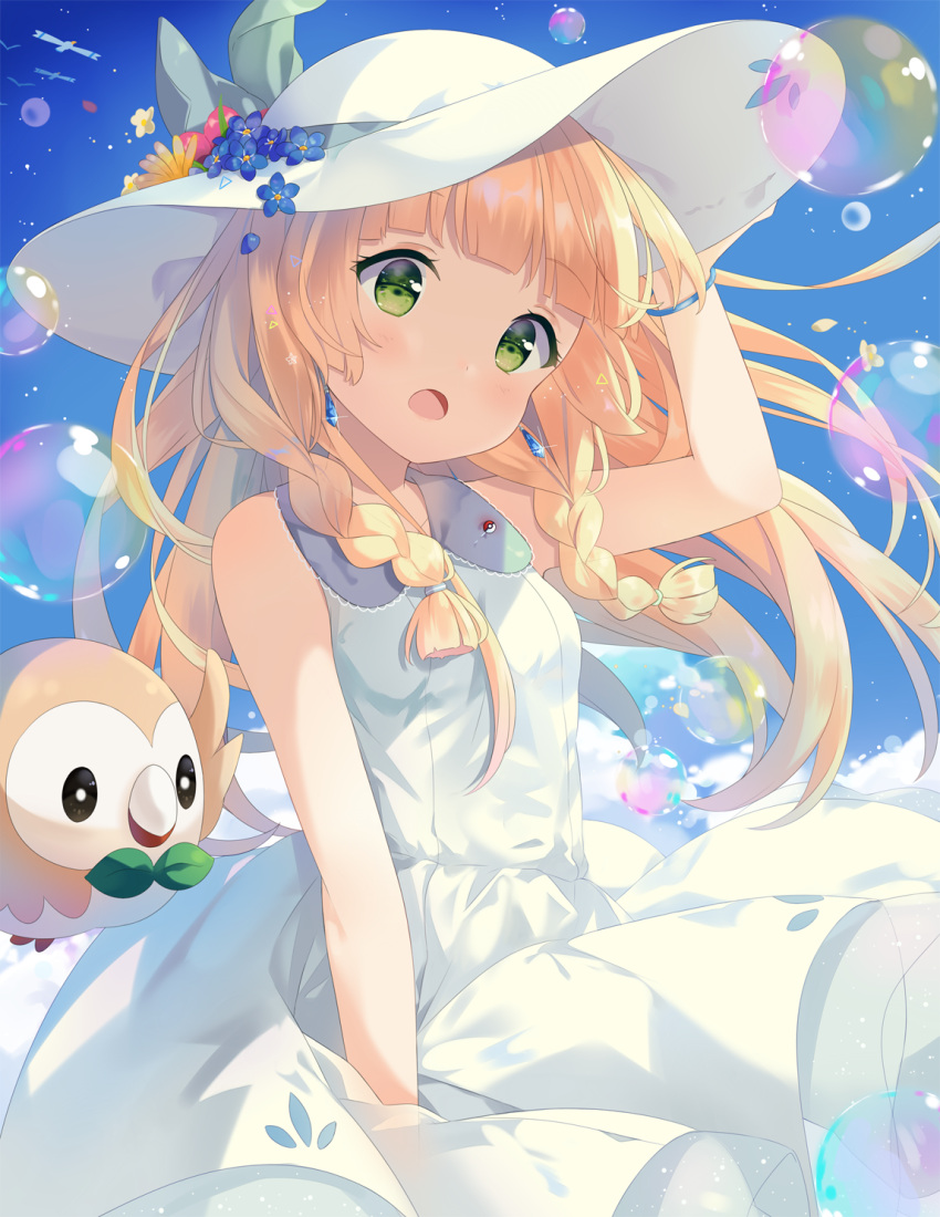 1girl bare_arms bird blonde_hair blue_sky bracelet braid bubble clouds d: day dress earrings eyebrows eyebrows_visible_through_hair flower flying forget-me-not_(flower) gem green_eyes hair_over_shoulder hand_on_headwear hat hat_flower hat_ribbon highres hitsukuya jewelry lillie_(pokemon) long_hair looking_at_viewer open_mouth petals poke_ball_theme pokemon pokemon_(creature) pokemon_(game) pokemon_sm ribbon rowlet sky sleeveless sleeveless_dress solo sparkle sun_hat sundress twin_braids white_dress white_hat wind wind_lift