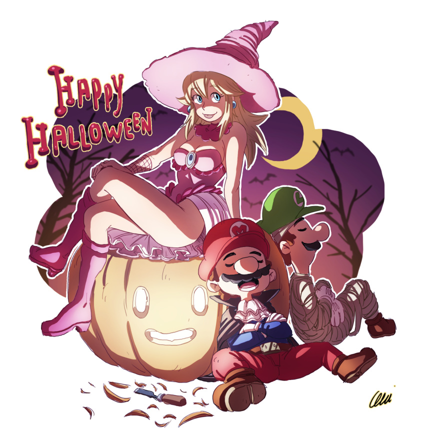 1girl 2boys :p adapted_costume alternate_costume arm_support bandages bat boots breasts brown_hair cape cleavage closed_eyes crescent_moon crossed_arms crossed_legs dress facial_hair halloween halloween_costume hand_on_own_knee happy_halloween hat highres knee_boots long_hair looking_at_viewer luigi mario super_mario_bros. moon multiple_boys mummy_(cosplay) mustache night night_sky onichan-xd open_mouth princess_peach pumpkin short_hair sitting sky sleeping smile super_mario_bros. tongue tongue_out vampire_costume
