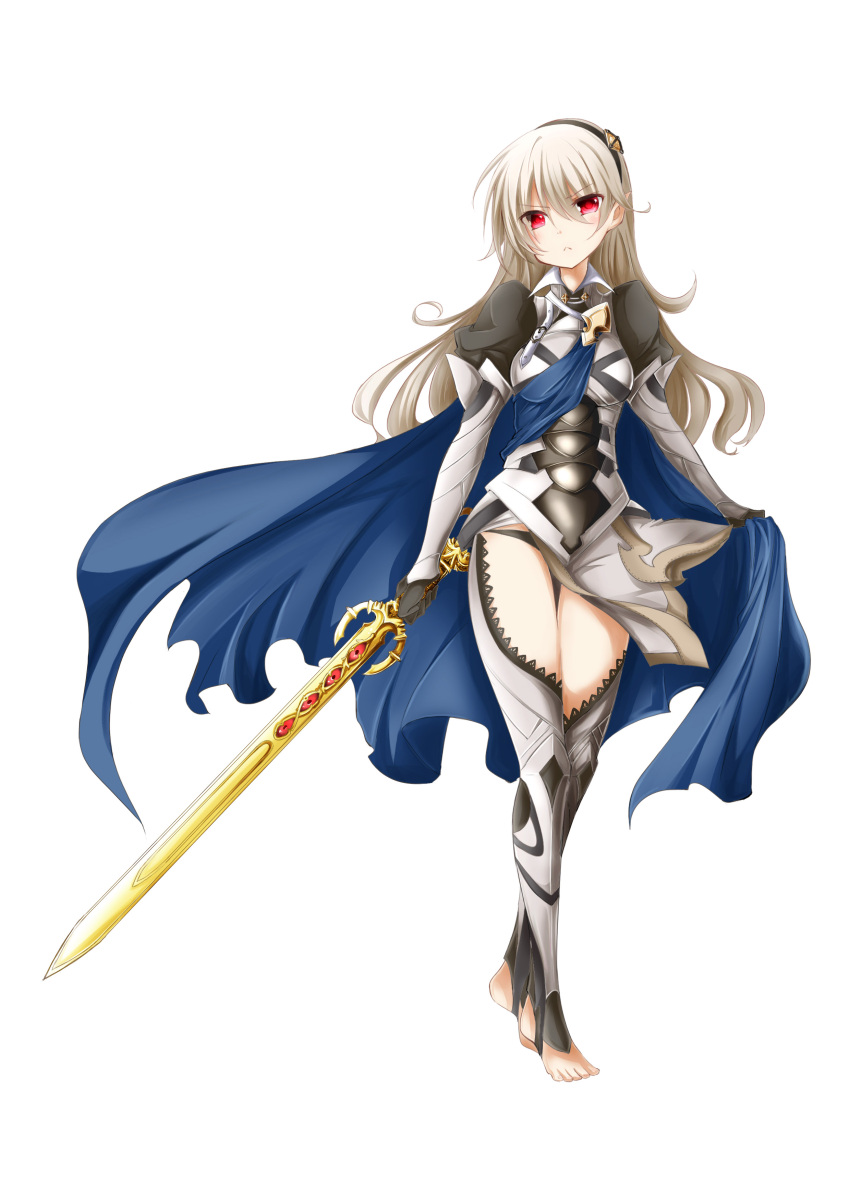 1girl absurdres armor barefoot black_panties cape female_my_unit_(fire_emblem_if) fire_emblem fire_emblem_if hairband highres holding holding_sword holding_weapon long_hair my_unit_(fire_emblem_if) panties red_eyes silver_hair simple_background solo sword underwear weapon white_background zero-theme