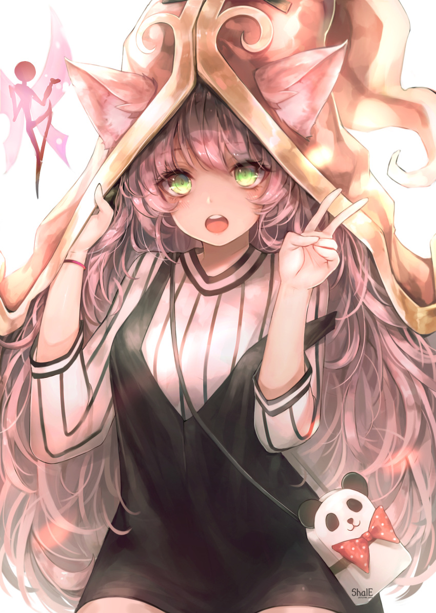1girl animal_ears bag blush green_eyes handbag hat highres league_of_legends long_hair looking_at_viewer lulu_(league_of_legends) open_mouth purple_hair shale solo strap_slip v very_long_hair