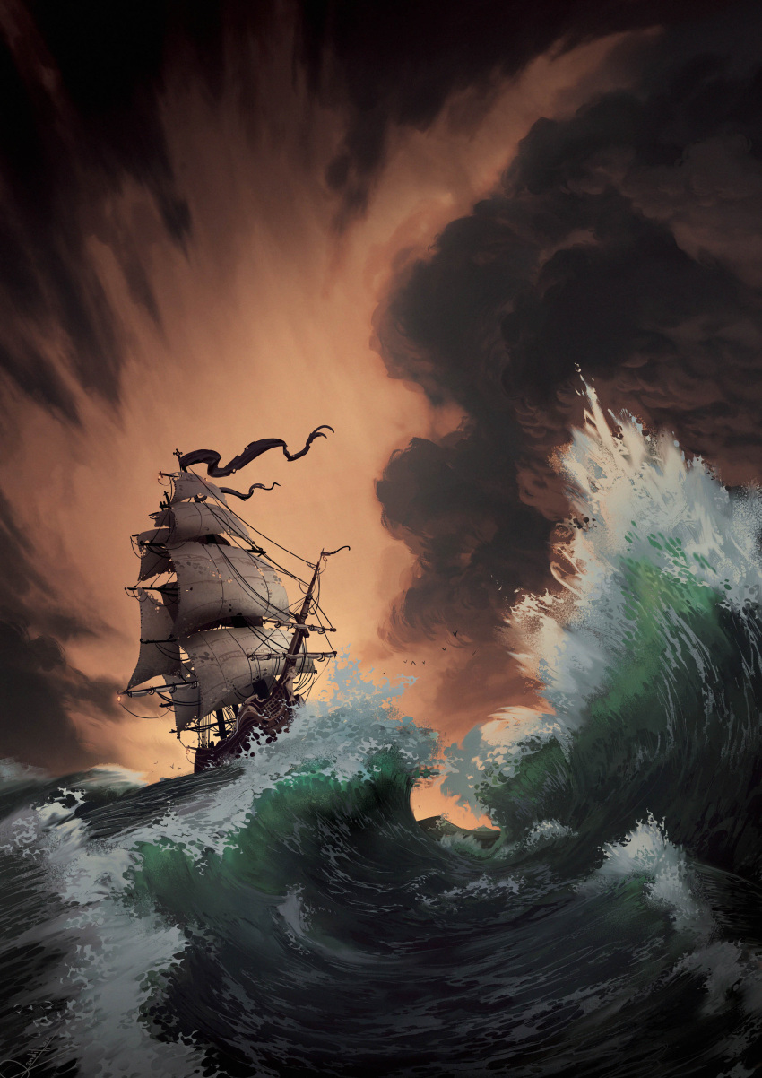 absurdres black_cloud highres lorenzo_lanfranconi no_humans ocean original outdoors pirate_ship red_sky sailing_ship ship sky water watercraft waves