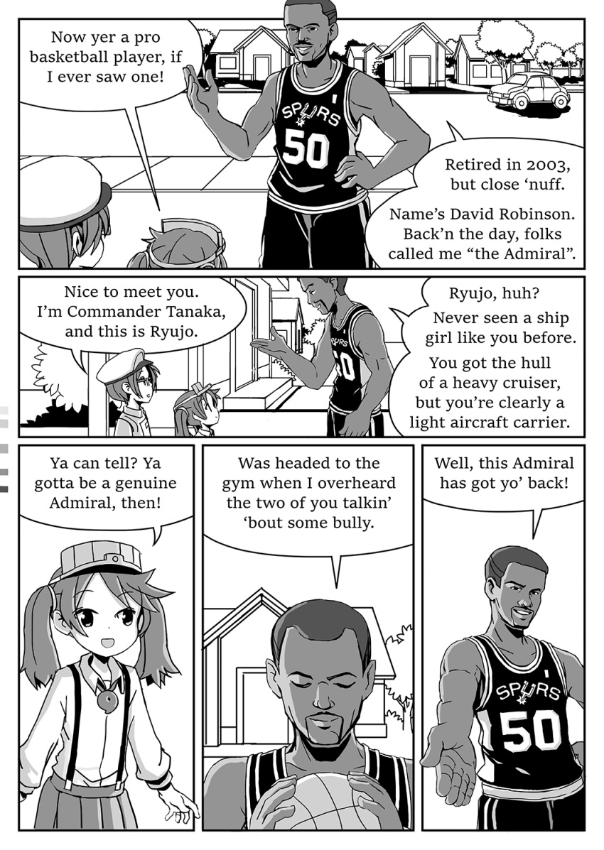 adrian_ferrer basketball basketball_uniform car color_guide comic dark_skin dark_skinned_male david_robinson english facial_hair female_admiral_(kantai_collection) glasses ground_vehicle hair_tie hand_on_hip hat highres house kantai_collection magatama military military_hat military_uniform monochrome motor_vehicle open_mouth outstretched_arm pleated_skirt real_life ryuujou_(kantai_collection) skirt smile sportswear suspenders tree twintails uniform visor_cap