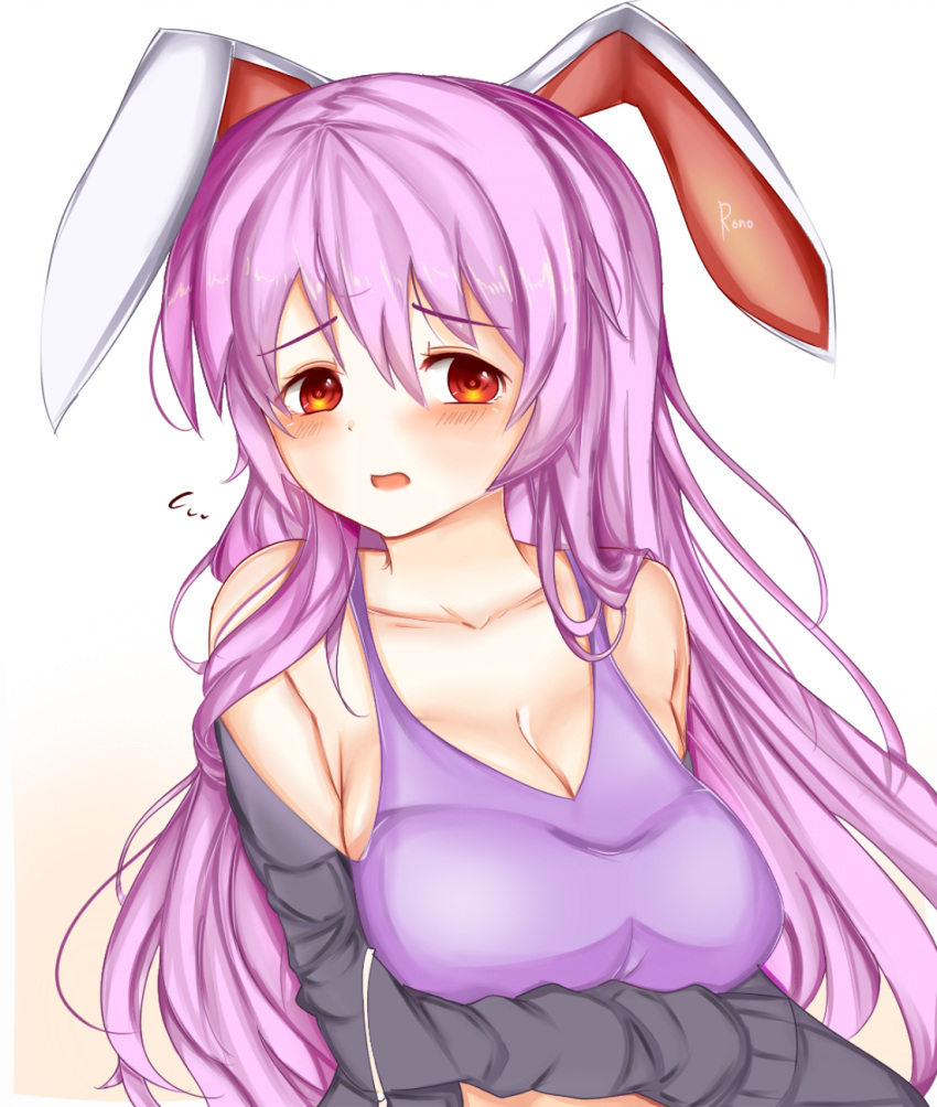 animal_ears artist_name breasts cleavage eyebrows eyebrows_visible_through_hair highres hood hoodie hoodie_removed purple_hair rabbit_ears red_eyes reisen_udongein_inaba rono solo tagme tank_top touhou white_background