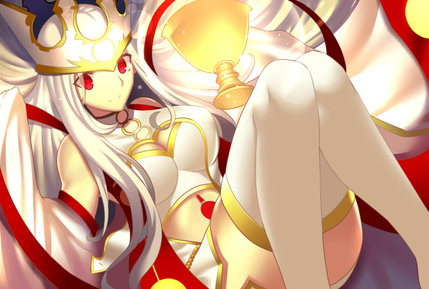 1girl bare_shoulders breasts cleavage convenient_leg crown detached_sleeves dress dress_of_heaven fate/grand_order fate/zero fate_(series) gloves glowing highres holy_grail impossible_clothes irisviel_von_einzbern large_breasts long_hair looking_at_viewer paperfinger red_eyes short_dress side_slit silver_hair sleeveless sleeveless_dress sleeves_past_wrists smile solo thigh-highs white_dress white_gloves white_legwear wide_sleeves zettai_ryouiki