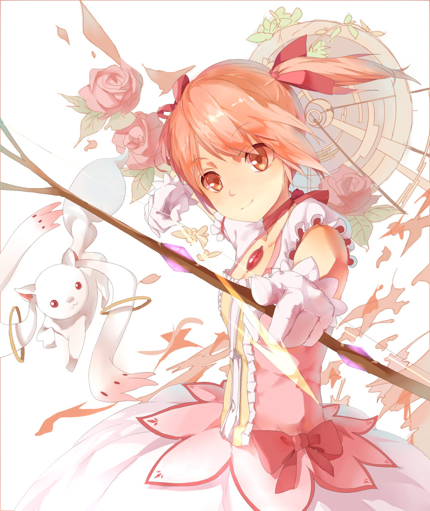 1girl arrow bow_(weapon) brown_eyes dress flower gloves hair_ribbon highres holding holding_weapon huanxiang_heitu kaname_madoka kyubey looking_at_viewer mahou_shoujo_madoka_magica pink_hair red_ribbon ribbon short_hair smile twintails weapon white_gloves
