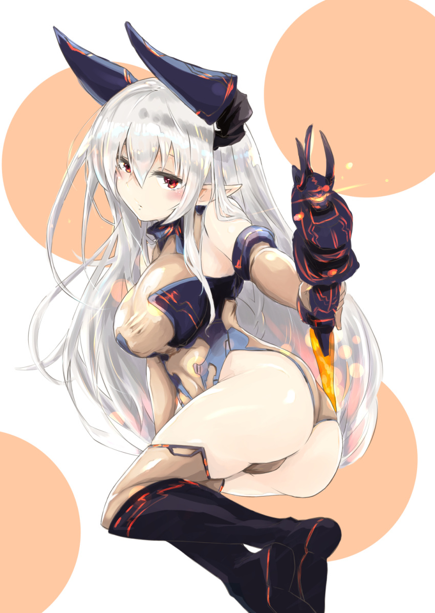 1girl ass black_boots boots borrowed_character breasts brown_legwear colo_mag-chan detached_sleeves doraf granblue_fantasy highres horns leotard long_hair long_sleeves looking_at_viewer medium_breasts original pointy_ears red_eyes solo staff thigh-highs white_hair
