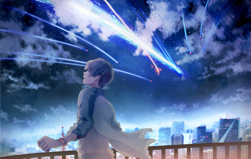 1boy bracelet brown_hair building city clouds highres jacket jewelry kimi_no_na_wa looking_up male_focus meteor mikkun_04 open_clothes open_jacket parted_lips scenery short_hair sky solo tachibana_taki tokyo_tower upper_body