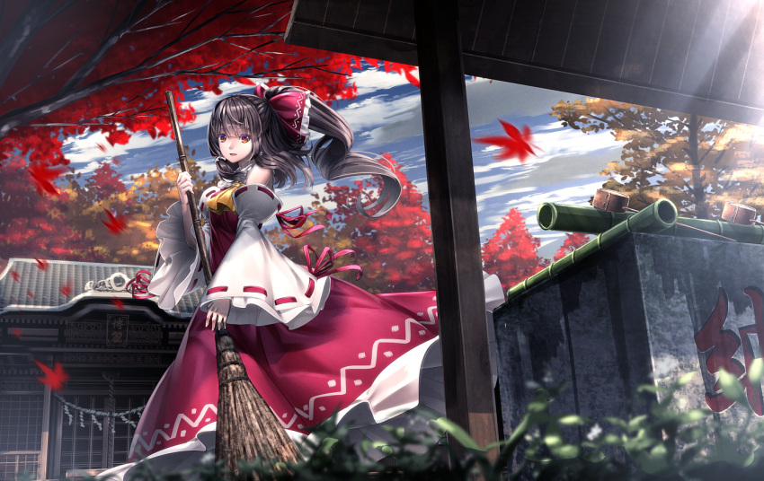 1girl architecture ascot autumn_leaves bamboo_broom black_hair blurry bow broom clouds cloudy_sky day depth_of_field detached_sleeves dress east_asian_architecture falling_leaves from_side grass hair_bow hair_tubes hakurei_reimu hakurei_shrine holding_broom japanese_clothes leaf long_hair looking_at_viewer looking_to_the_side maple_leaf miko outdoors parted_lips ponytail red_bow red_dress red_eyes ribbon-trimmed_sleeves ribbon_trim ryosios shrine sky smile solo sunlight touhou wide_sleeves