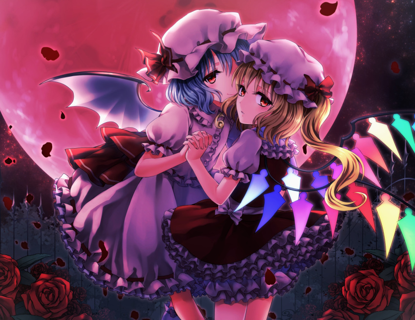 2girls asada_ryou backlighting bat_wings blonde_hair blue_hair blush bow commentary_request cowboy_shot dress fence flandre_scarlet flower frilled_hat frilled_shirt_collar frilled_skirt frilled_sleeves frills full_moon hair_bow hat hat_bow hat_ribbon huge_moon interlocked_fingers looking_at_viewer mob_cap moon multiple_girls night petals puffy_short_sleeves puffy_sleeves red_bow red_eyes red_moon red_ribbon red_rose red_skirt red_vest remilia_scarlet ribbon rose rose_petals short_sleeves side_ponytail skirt smile touhou white_bow white_dress white_hat wings