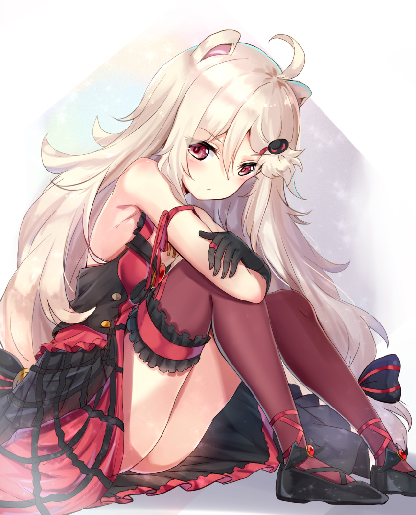 1girl ahoge aireen_(show_by_rock!!) animal_ears black_gloves dress flipped_hair gloves hair_ornament hairclip highres karumayu lion_ears long_hair looking_at_viewer red_eyes show_by_rock!! solo thigh-highs