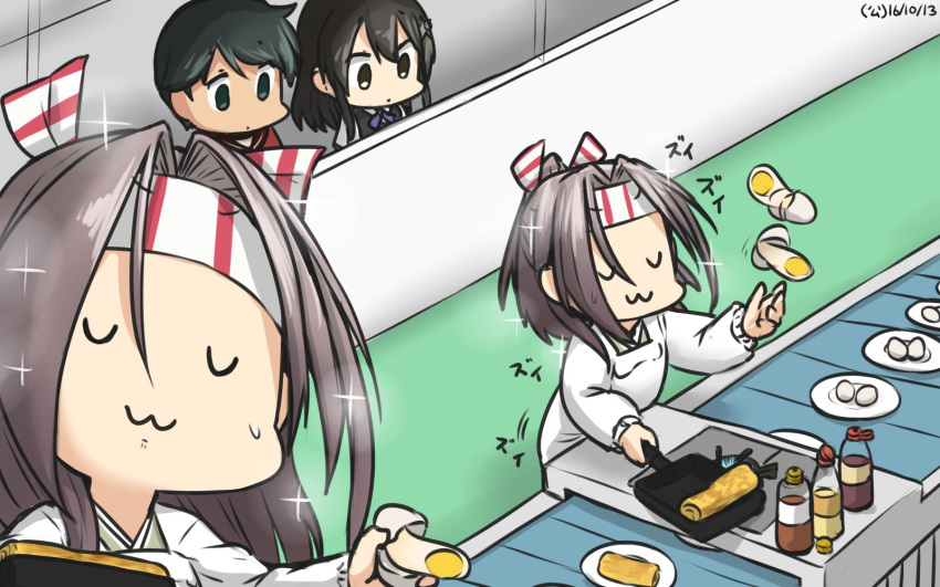 3girls commentary conveyor_belt dated egg empty_eyes frying_pan hachimaki hamu_koutarou headband highres kantai_collection kappougi long_hair mogami_(kantai_collection) multiple_girls omelet oyashio_(kantai_collection) ribbon school_uniform serafuku short_hair sparkle sweat tamagoyaki v_v vest zui_zui_dance zuihou_(kantai_collection)