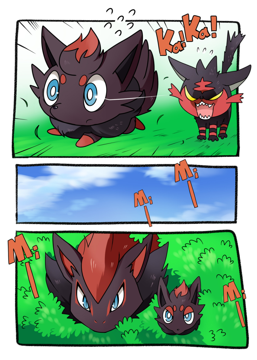 angry blue_eyes bush flying_sweatdrops highres litten_(pokemon) no_humans open_mouth pokemon suan_ringo zoroark zorua