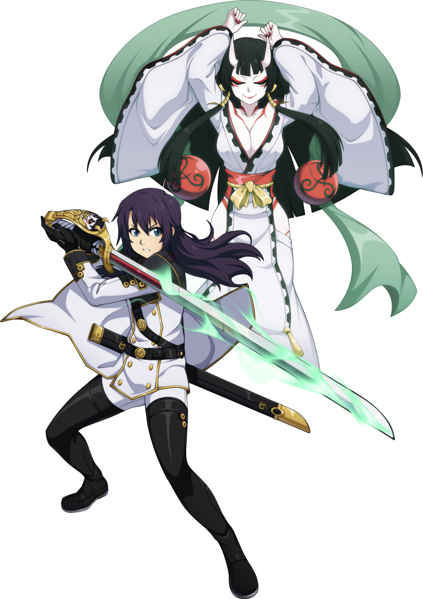 1boy 1girl absurdres alpha_transparency bangs black_gloves black_hair blue_eyes boots breasts cleavage closed_eyes commentary fearless_night fighting_stance gloves goddess hagoromo highres japanese_clothes kimono kouta_onimura large_breasts long_hair military military_uniform obi official_art oni_horns purple_hair saber_(weapon) sash scabbard shawl sheath shinatobe spike_wible sword thigh-highs thigh_boots uniform weapon white_skin wide_sleeves