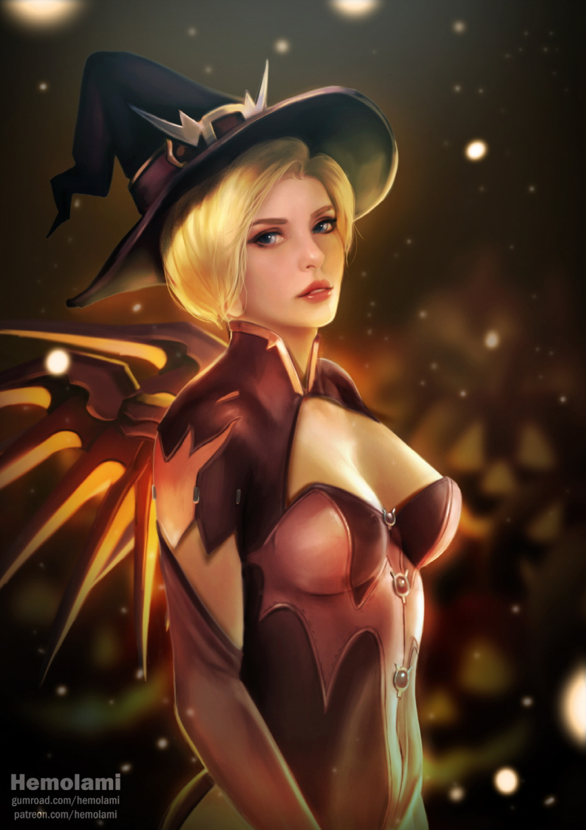 1girl alternate_costume artist_name black_dress black_gloves black_hat blonde_hair blue_eyes blush breasts capelet dress elbow_gloves eyeliner gloves halloween halloween_costume hat hemolami highres light_particles lipstick looking_at_viewer makeup mechanical_wings medium_breasts mercy_(overwatch) overwatch parted_lips pink_lips pink_lipstick realistic smile solo upper_body wings witch witch_hat witch_mercy