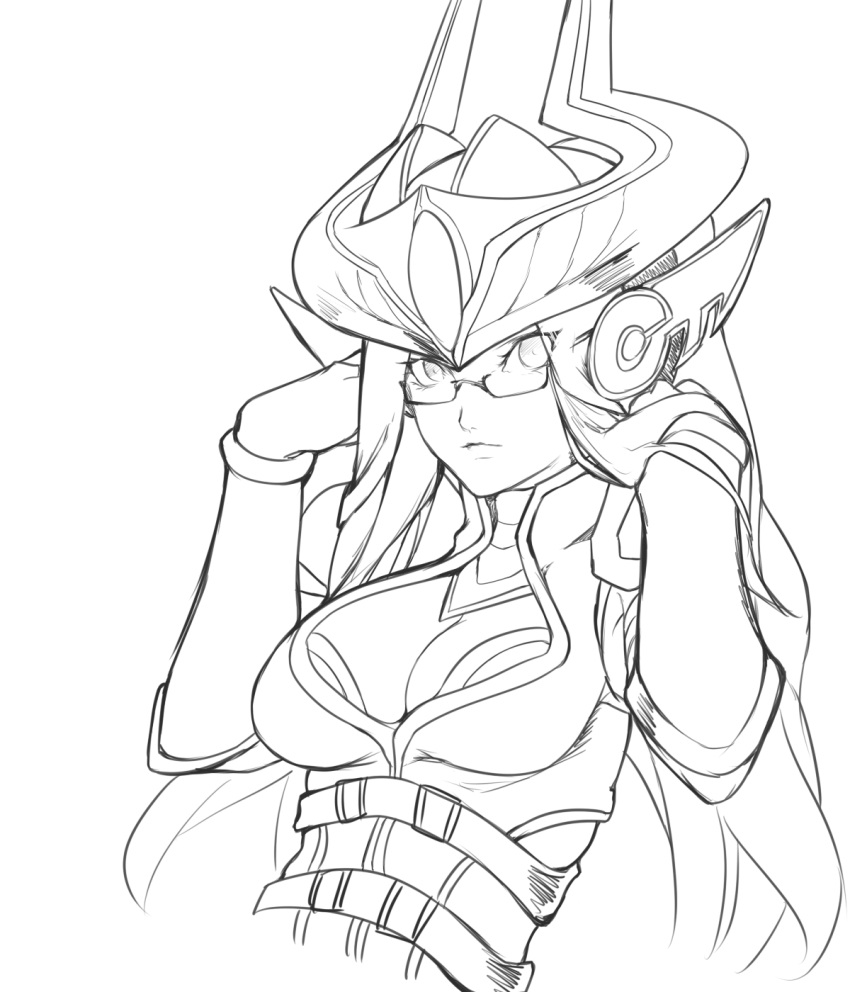 1girl breasts circlet cleavage glasses highres kumiko_shiba league_of_legends long_hair looking_at_viewer monochrome simple_background sketch solo syndra white_background