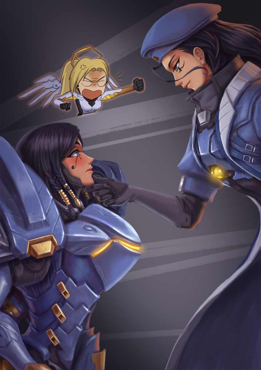 3girls absurdres ana_(overwatch) angry beret black_hair blush brilliant_naraku dark_skin eye_contact hand_on_another's_face hat highres looking_at_another mercy_(overwatch) mother_and_daughter multiple_girls overwatch pharah_(overwatch) power_armor time_paradox yuri