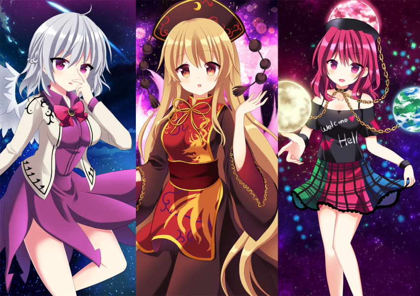 3girls :d :o black_shirt blonde_hair blush bow bowtie breasts brooch chain chinese_clothes clothes_writing collar collarbone column_lineup cowboy_shot crescent dress earth_(ornament) feathered_wings frilled_skirt frills half_updo hat hecatia_lapislazuli jacket jewelry junko_(touhou) kishin_sagume lifted_by_self long_hair long_sleeves looking_at_viewer mayo_(miyusa) medium_breasts moon_(ornament) multicolored_skirt multiple_girls off-shoulder_shirt open_clothes open_jacket open_mouth orange_eyes parted_lips pink_eyes plaid plaid_skirt polos_crown purple_dress red_bow red_bowtie red_eyes redhead sash shirt short_hair short_sleeves silver_hair single_wing skirt skirt_lift smile t-shirt tabard touhou white_wings wide_sleeves wings wristband