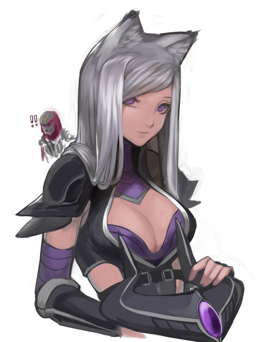 !! 1boy 1girl breasts circlet cleavage highres kumiko_shiba league_of_legends long_hair looking_at_viewer silver_hair simple_background syndra violet_eyes white_background zed_(league_of_legends)