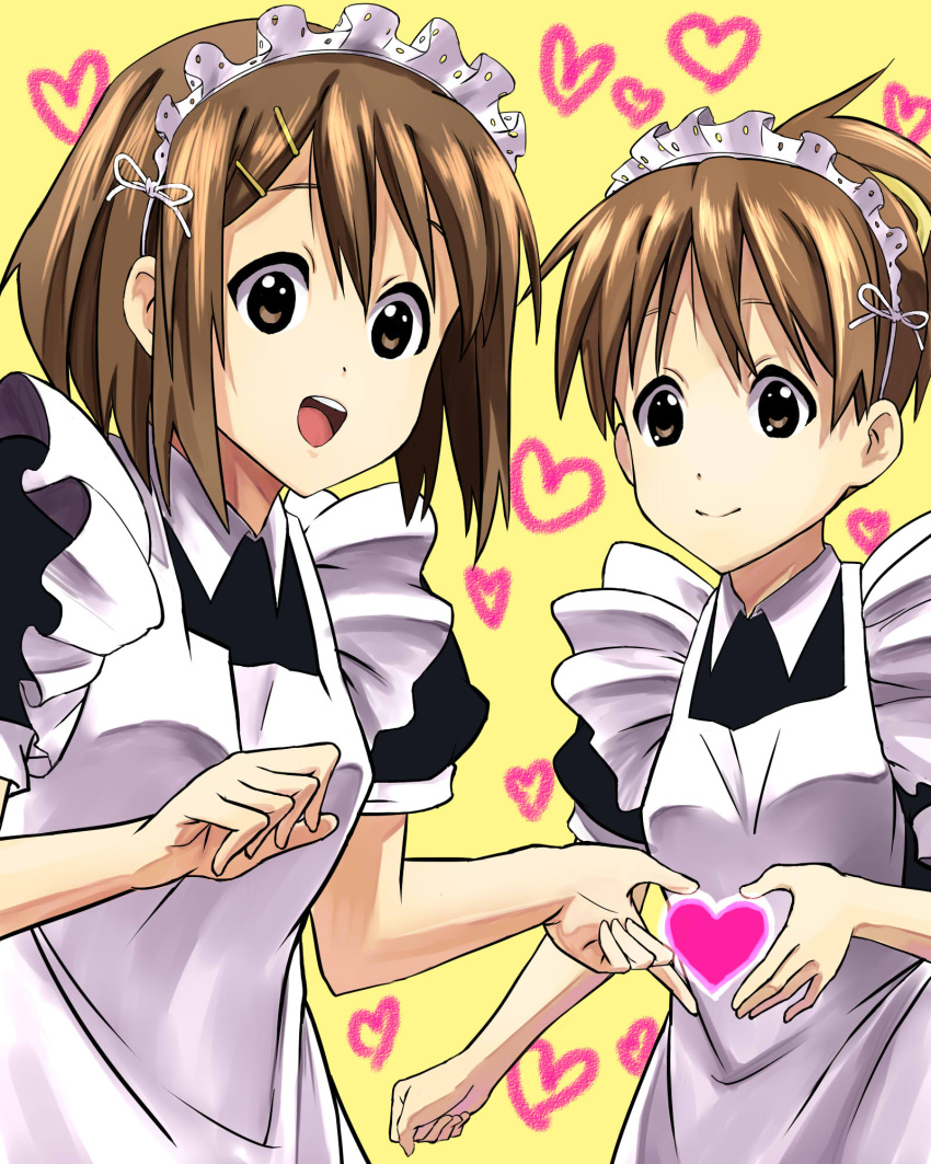 alternate_costume apron bad_id brown_eyes brown_hair enmaided hair_ornament hairpin heart heart_hands heart_hands_duo highres hirasawa_ui hirasawa_yui k-on! maid manekko_buta moe_moe_kyun! multiple_girls short_hair siblings sisters smile