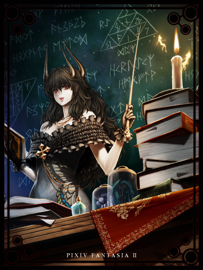 black_hair book candle chalkboard highres horns long_hair pixiv pixiv_fantasia pixiv_fantasia_2 pointer red_eyes teacher