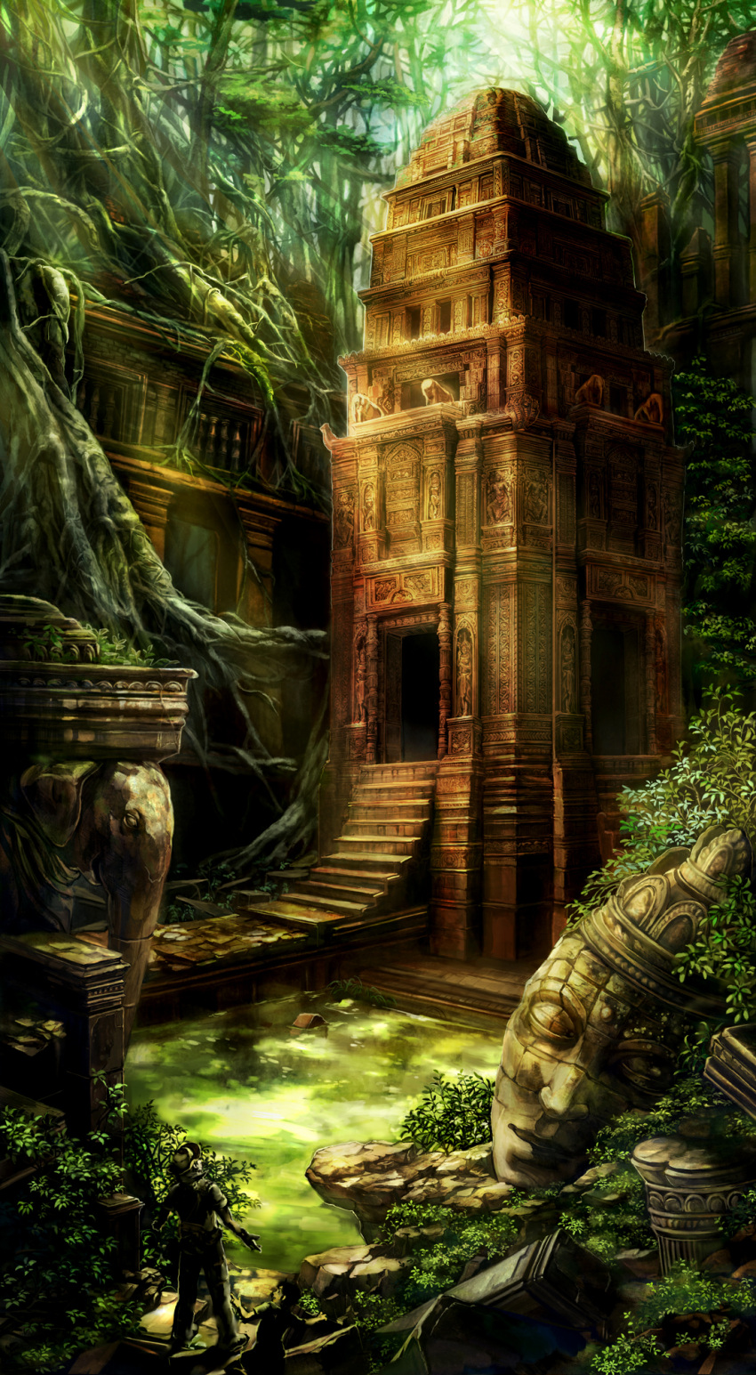 child elephant hat highres jungle nature original outstretched_arms overgrown pagoda roots ruins scenery spread_arms statue sunlight umedama_riko water