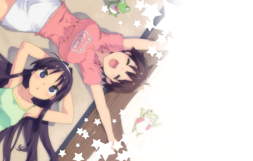 :d :o armpits black_hair breasts brown_hair closed_eyes frog long_hair lying multiple_girls navel ootomo_takuji open_mouth original short_hair shorts smile t-shirt takuji tank_top tatami